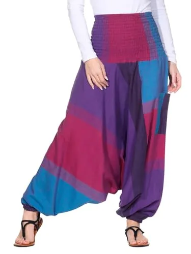 Kunst und Magie Damen bunt one Size Boho Yoga Haremshose Freizeithose Aladinhose, Größe:One Size, Farbe:Lila/Blau