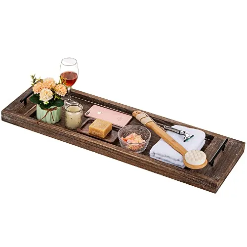 Hanobe Badewannenablage Serviertablett Holz Groß: Rustikal Badewannenbrett Rechteckig Extra Großes Holztablett Deko Badesofa Zubehör Tablett mit Henkel Badewannenregal für Badewanne 80cm