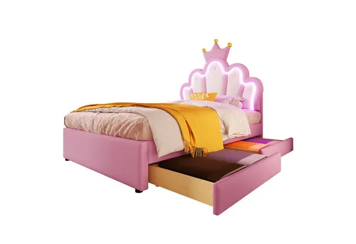 REDOM Polsterbett Kronenförmiges Prinzessinnenbett, Stauraumbett (Polsterbett, für Kinder, mit 16 Farben Fernbedienung, Kronen-Design, verstellbares Kopfteil, 2 Schubladen., 90*200cm), ohne Matratze