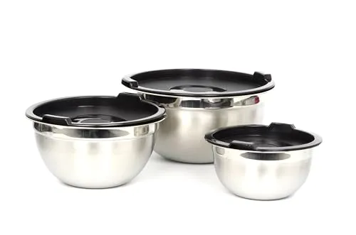 Birambeau , Set mit 3 Edelstahlschüsseln mit Deckel, stapelbare Servierschalen, silber und schwarz