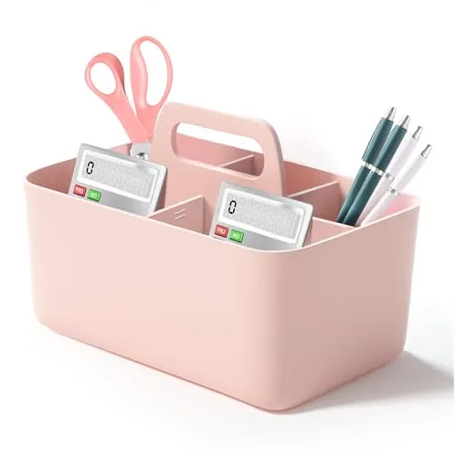 Aevcvok Stapelbarer Organizer, Korb Organizer mit Griff, Mehrzweck Kunststoffkorb Bastelkorb, Schreibtischkorb, Aufbewahrung für stifte, bad, Bastelsachen, Nähutensilien, Make-up, Bürobedarf (Rosa)