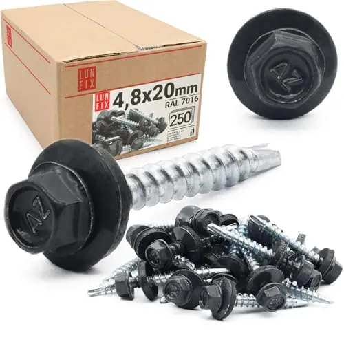 4,8 x 20 mm Trapezblechschrauben Anthrazit RAL 7016-250 Stück Spenglerschrauben mit dichtscheibe Selbstbohrende blechschrauben mit dichtung Bohrschrauben für dachbleche mit Bohrspitze