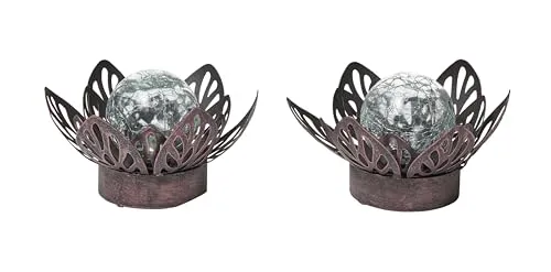 Northpoint LED Lotus Wasserlilie Timer Metall Glaskugel Stanzmuster Solar Batterie Garten Außenbereich Teichbeleuchtung (Batterie 2er-Set braun mit Muster)