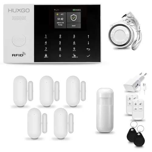 HUXGO® HXA005 Funk Alarmanlage Set WiFi + GSM mit Sirene - Komplettsysteme für Ihr Smart Home: 24/7 Kontrolle über die TUYA App, einfache Installation ohne Kabel, inklusive 5 Tür-Fenstersensoren und Bewegungsmelder.