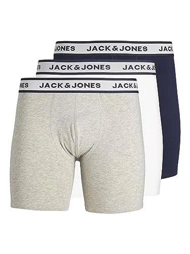 JACK & JONES Men's JACSOLID Boxer Briefs 3 Pack - Herren-Boxershorts in Light Grey Melange, Weiß und Navy Blazer, aus leichtem und dehnbarem Jersey für optimalen Komfort und perfekten Sitz.