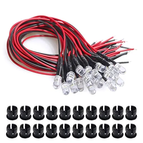 YXPCARS 20er Pack 5mm LED Diode mit 20cm Kabel, DC 12V, Fertig verkabelt (weiß) + 20er Pack 5mm LED Montageringe aus Plastik