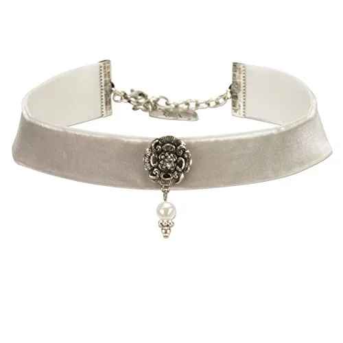 Alpenflüstern Trachten-Samt-Kropfband Elfrida mit Ornament und Perle - nostalgische Trachtenkette enganliegend, Kropfkette elastisch, Damen-Trachtenschmuck, Samtkropfband breit grau DHK168