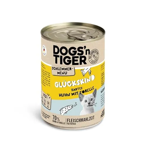 Dogs'n Tiger Schlemmermenü Glückskind, Nassfutter für Kätzchen, saftiges Huhn und Forelle - ohne Getreide, Zuckerzusatz, künstliche Konservierungsstoffe, optimale Verträglichkeit, 6x400g