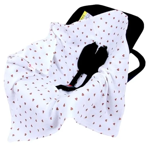Babylux Einschlagdecke für Babyschale Autositz 80x80 cm – Sommer Babydecke aus Musselin Baumwolle – Atmungsaktiv, mit Gurtschlitzen (D3 Goldherzen)