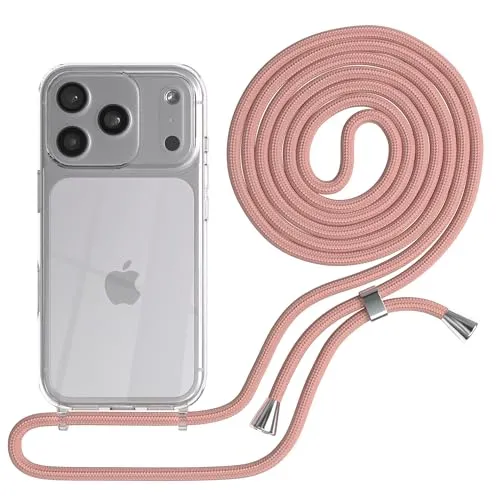 EAZY CASE Handykette kompatibel mit iPhone 17 Pro Handyhülle mit Umhängeband, Handykordel mit Schutzhülle, Silikonhülle, Hülle mit Band, Stylische Kette für Smartphones, Alt Rosa - Clips Silber