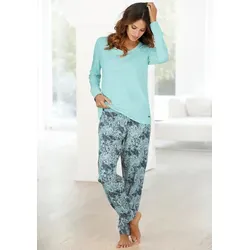 Pyjama BUFFALO, Damen, Gr. 40/42, grün (mint), Single Jersey, Obermaterial: 100% Baumwolle, gemustert, unifarben, bequem lang, Rundhals, eingesetzt Rippbündchen, Homewear-Sets Pyjama, mit gemusterter Hose und passendem Langarmshirt, Topseller