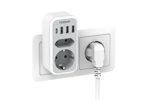 TESSAN 2-fach Steckdosenadapter mit USB, 3600W Doppelstecker - Erweitern Sie Ihre Steckdose mit dem TESSAN 2-fach Adapter: 1 Schuko, 1 Eurosteckdose und 4 USB-Anschlüsse für schnelles Laden. Ideal für alle Innenräume und platzsparend gestaltet.