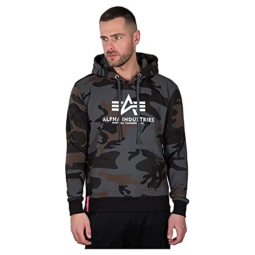 Alpha Industries Basic Hoody Camo für Herren - Sweatshirt in Black Camo mit Regular Fit, ideal für lässige Looks. Ausgestattet mit Kapuze und Kängurutasche für zusätzlichen Komfort.