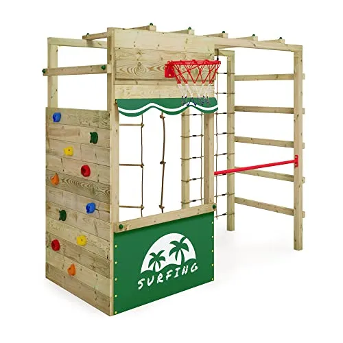 Wickey Klettergerüst Smart Action mit Basketballkorb und Kletterwand - Entdecken Sie den Wickey Spielturm Smart Action! Mit Kletterwand, Basketballkorb und robustem Holz bietet er endlosen Spielspaß im Garten. Sicherheit und Stabilität stehen an erster Stelle, damit Ihre Kinder unbeschwert spielen können.