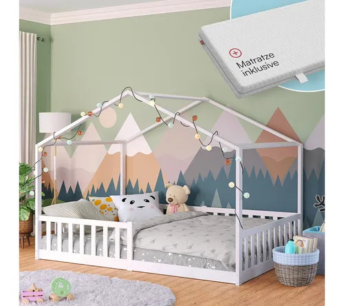 Bellabino Bia Kinderbett 140x200 cm – Sicheres Montessori Hausbett mit Rausfallschutz - Kleinkindbett aus massivem Kiefernholz mit Matratze und Lattenrost. Fördert Selbstständigkeit und bietet Sicherheit durch stabilen Rausfallschutz – ideal für ruhige Nächte.