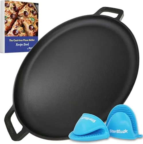 StarBlue 40.6 cm große Gusseisen-Pizza-Pfanne, runde Grillplatte mit kostenlosen Silikongriffen und 30 Rezepten ebook, vorgewürzter Komal, Küchenutensilien für Pizza-Liebhaber, Grill, Herd ofenfest
