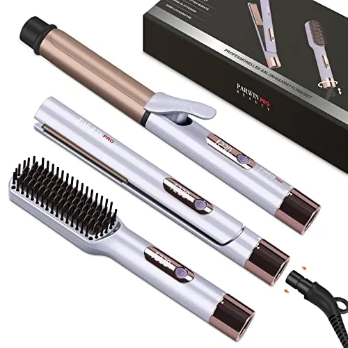 PARWIN PRO BEAUTY 3 In 1 Styling Set - Glätteisen, Lockenstab & Glättbürste in einem Set. Ideal für vielseitige Haardesigns, mit schneller Aufheizzeit und Ionen-Technologie für glänzendes, frizzfreies Haar.