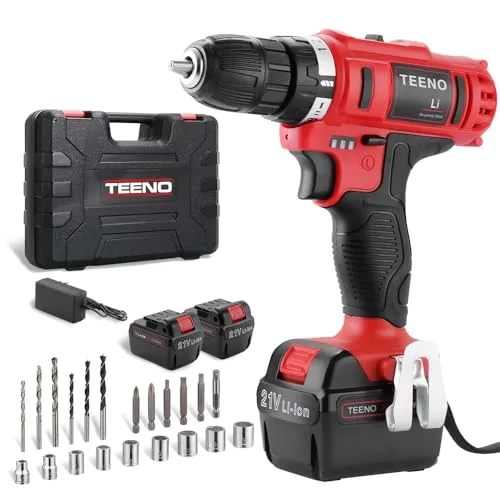 TEENO Akku-Bohrschrauber 21 V, 2 Geschwindigkeiten Akku-Bohrmaschine, 1 Lithium-Akkus 1,5 Ah, Schnellladung in 1 Stunde, 20 Zubehörteile enthalten (mit 2 Batterie)