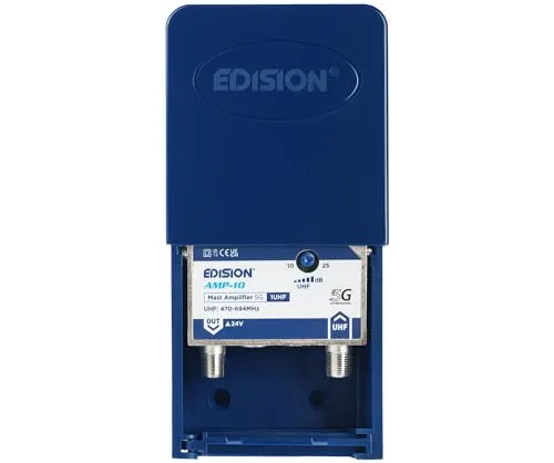 EDISION AMP-10 Mastverstärker 1UHF, 10-25db Einstellbar, 107dBmV, 24V, für Digitale Terrestrische DVB-T/T2 Antennnen geeignet, Frequenzbereich UHF 470-694Mhz, 5G LTE Filter