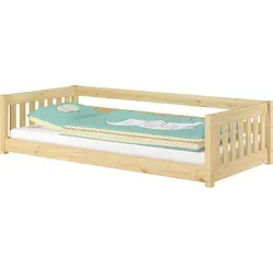 ERST-HOLZ Kinderbett Niederflurbett 90 x 200 cm aus Kiefernholz mit Kindersicherung - Stabiles Niederflurbett aus massivem Kiefernholz mit einer Liegefläche von 90x200 cm. Die geringe Höhe und die Kindersicherung bieten Sicherheit für kleine Kinder. Wählen Sie aus verschiedenen Zubehörvarianten für individuellen Komfort.