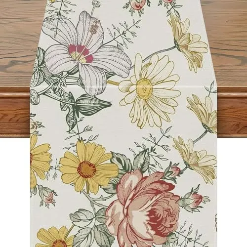 Snylcce 13x108 Inch Floral Table Runner - Wildflower & Daisy Design, Elegantes Weißes Leinen Frühlings- & Sommerdekor für Esstische, Partys und besondere Anlässe