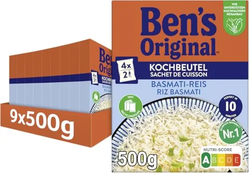 Ben's Original Basmati Reis, 10 Minuten Kochbeutel, 9x500g, Multipack | Basmati-Reis im Kochbeutel, Gelingt immer, Praktisch & portionierbar