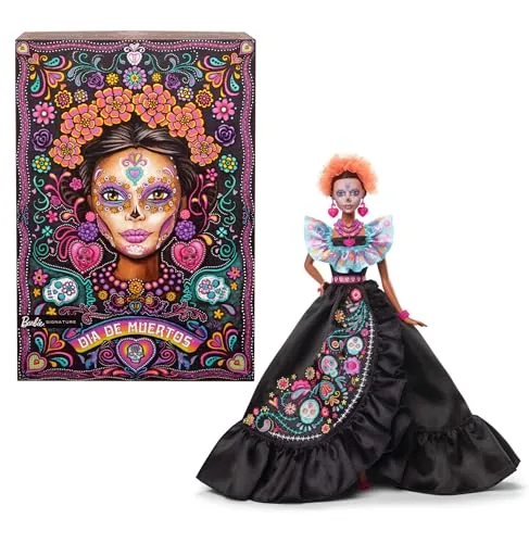 Barbie Signature Puppe 2024 Día De Muertos - Sammelfigur in festlichem Design mit traditionellem schwarzen Kleid, bunten Stickereien und farbenfrohen Accessoires für die Feierlichkeiten.