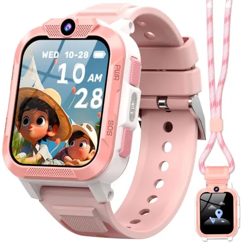 IOWODO Smartwatch Kinder mit GPS & 4G Telefonfunktion, 850mAh 7-Tage Akku, SOS-Notruf, Sprachanruf, Schulmodus, IP68 Wasserdicht, Kinderuhr Geschenk für Mädchen, Rosa