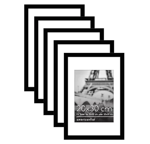 Americanflat Bilderrahmen 20x30 cm in Schwarz – Bilderrahmen 15x20 cm mit Passepartout und 30x20 cm ohne Passepartout - Rahmen mit poliertem Plexi-Scheibe und Sägezahn-Aufhängung - 5er Pack