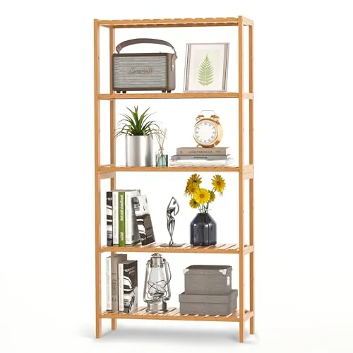 VASMIA Badezimmerregal, Badregal, Küchenregal, Schuhregal Schmal mit 5 Ebenen, Standregal aus Bambus, 26 x 60 x 130 cm, für Bad, Wohnzimmer, Flur, Küche,Schlafzimmer, Balkon，Natürlich