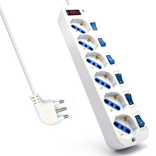 Mehrfachsteckdose mit 6 Steckplätzen, Steckdosenleiste mit 6 italienischen und Schuko-/deutschen Steckdosen – italienischer Stecker 16 A – Leistung 250 V/2500 W – Kabel 1,5 Meter, Steckdosen gewinkelt