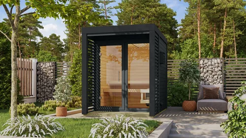 Karibu Saunahaus Anja - 2 Personen, 38 mm Wandstärke - Sauna für 2 Personen mit 2 Liegeplätzen, aus robuster nordischer Fichte. Ideal für entspannende Stunden im eigenen Garten, inklusive Saunaofen und RGB-Leuchte.