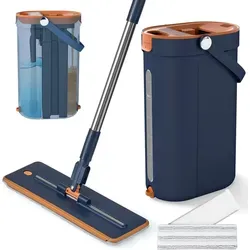 COSTWAY Wischmopp und Eimersystem 2,4L mit Auswringfunktion, 3-Kammer, 2 waschbaren Mikrofaser-Pads, Flacher Bodenwischer Bodenreinigungssystem Blau - Navy