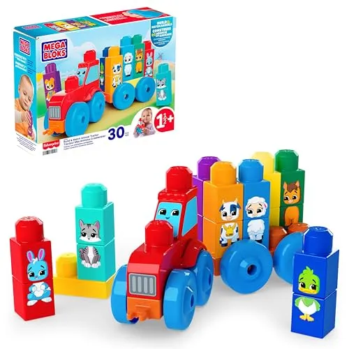 MEGA BLOKS-Bausteine Bausteinset für Kleinkinder, BAU und lern Tier-Traktor mit 30 Teilen, Tiere und Farben Lernen, rot und blau, ab 1 Jahr, JKG33