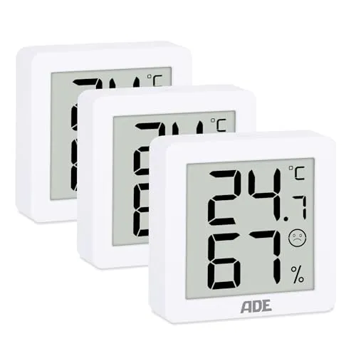 ADE Digitales Hygrometer mit Temperaturanzeige im 3er Set | Luftfeuchtigkeitsmesser innen | Raumthermometer magnetisch | mit Komfortzonenindikator | weiß