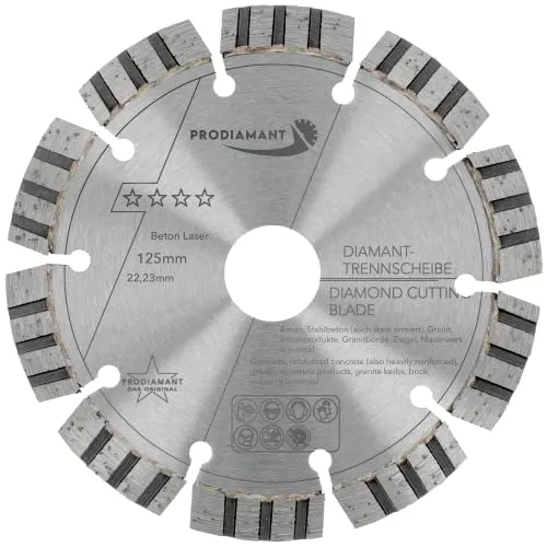 PRODIAMANT Laser Diamanttrennscheibe 125mm x 22,23 Beton Stahlbeton Stein und Ziegel Diamant Turbo-Segmente lasergeschweißt …