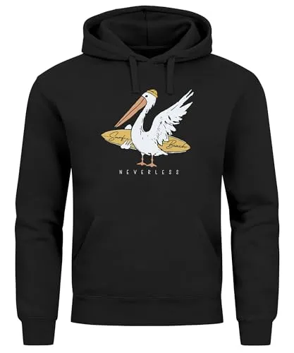 Neverless® Hoodie Herren Pelikan Print Surfer Surfboard Kapuzen-Pullover Männer Fashion Streetstyle schwarz 5XL