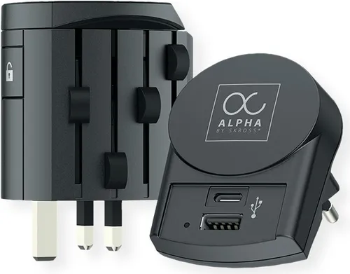 SKROSS Alpha Reiseadapter mit USB-A und USB-C - Steckdosen & Zubehör, hochwertiger Design-Reiseadapter mit 1x USB-A und 1x USB-C, ideal für internationale Reisen und höchste Sicherheitsstandards.