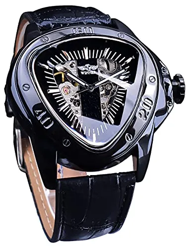 Winner Fashion Mechanische Armbanduhr für Herren, dreieckiges Rennsportzifferblatt, wasserdicht, goldenes Skelettzifferblatt, automatisches Uhrwerk, Lederdesign