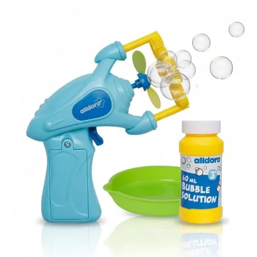 alldoro 4694 Seifenblasenpistole mit Propeller, batteriebetriebene Blasenmaschine aus stabilem Kunststoff, mit 60ml Flüssigkeit & Schale, ab 3 Jahren