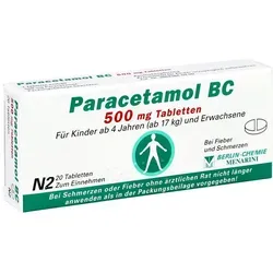 Paracetamol BC 500mg Tabletten - Arzneimittel zur symptomatischen Behandlung von leichten bis mäßig starken Schmerzen und Fieber, geeignet für Erwachsene und Kinder ab 4 Jahren.