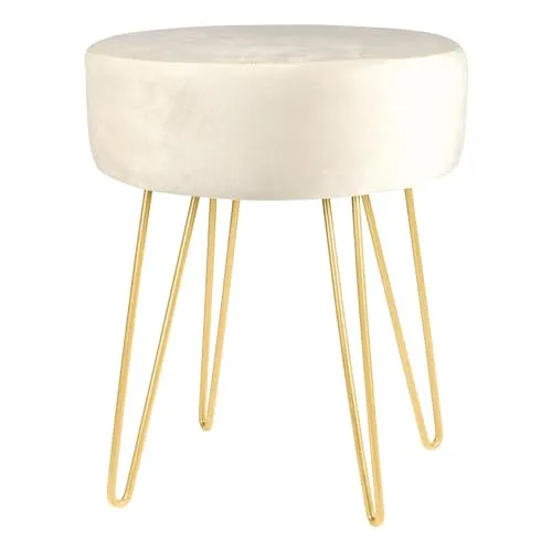 Harbour Housewares 1x Creme/Gold H40 x D35cm Runden Samt-Fußhocker - Klein Wohnzimmer Schminktisch Fußbank Ottomane Sitzpuff Stuhl Sitz