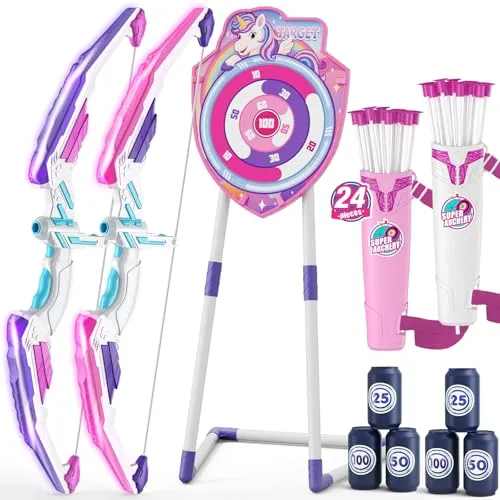 HYES 2 Pack Pfeil und Bogen für Kinder, LED Licht Bogenschießen Set mit Saugtasche Pfeile, Einhorn stehendes Ziel, Score Ziele, Quivers, Indoor Outdoor Spielzeug Geschenke für Mädchen