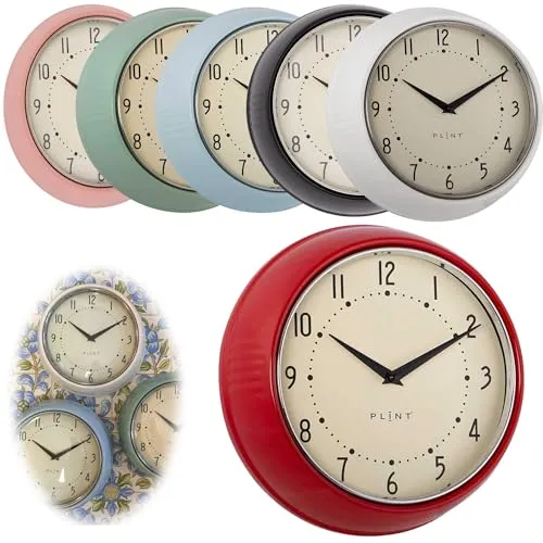 LS-LebenStil Vintage Metall Wanduhr Rot 23cm Küchenuhr Bürouhr Rund Retro Nostalgie ideal im Schlafzimmer Flur Büro Küche Wohnzimmer Esszimmer leise lautlos kein Ticken mit großen Ziffern
