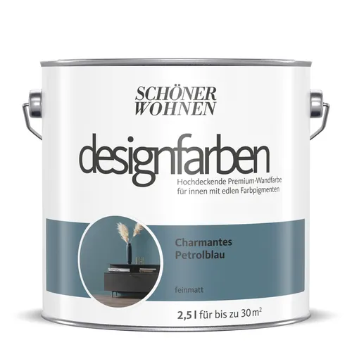SCHÖNER WOHNEN Designfarbe Charmantes Petrolblau 2,5 l - Hochwertige Wandfarbe für den Innenbereich, deckt mit einer Schicht und hat eine hervorragende Nassabriebbeständigkeit. Ideal für kreative Raumgestaltungen.