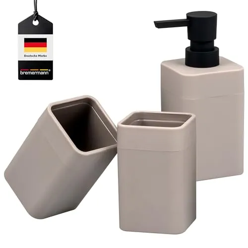 bremermann Badezimmer-Set Savona mit Soft-Touch Oberfläche, eckiges Bad-Accessoires Set 3tlg. aus 1x Seifenspender und 2X Becher, für Badezimmer, Gäste-WC und Küche aus schwarzem Kunststoff (Taupe)