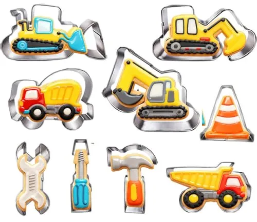 UKoosien Keksausstecher-Set, 9-teilig, Bagger, Bulldozer, Kipplaster, Hammerschlüssel, Bauwerkzeuge, Ausstechformen für Kinder, Baubagger, Motto-Party