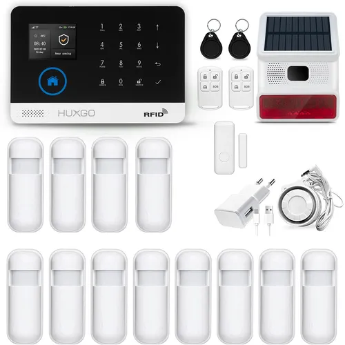 HUXGO HXA003 WLAN + GSM 4G LTE Funk Alarmanlage mit 12 Bewegungssensoren + Funksirene, Alarm für Büro, Haus, Wohnung, Steuerung über das Handy, TUYA
