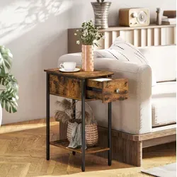 Tisch Aus Holz In Rustikalbraun Mit Metallbeinen, 25 Cm, Mit Schublade Und Offenem Fach