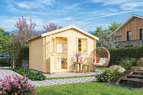 Gartenhaus Blockhaus Satteldach 28 mm Wels 3 - Gartenhaus aus 28 mm Blockbohlen, abschließbar und mit 8.67 m² Nutzfläche, ideal für kreative Projekte oder als Stauraum.